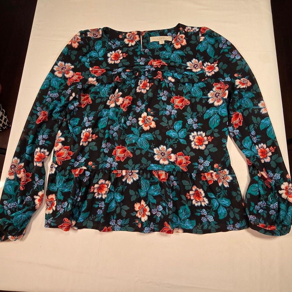 LOFT Women Floral Peplum Blouse Black Teal Coral‎ Long Sleeve Top Size M Boho